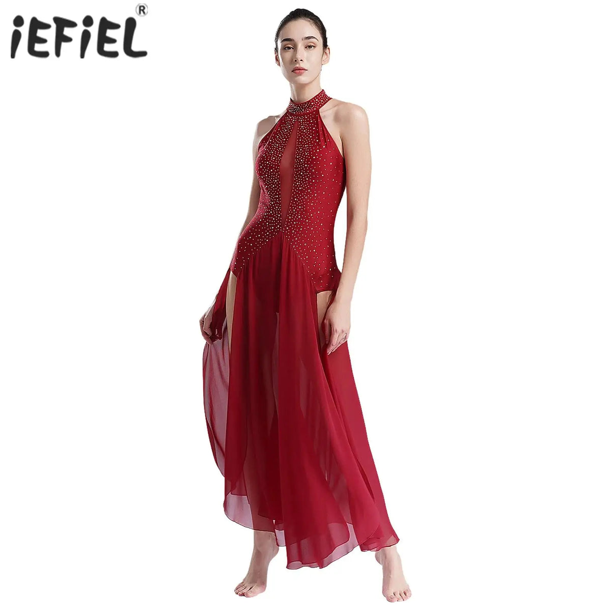 Women's halter lyrical dance dress with rhinestone strappy back
