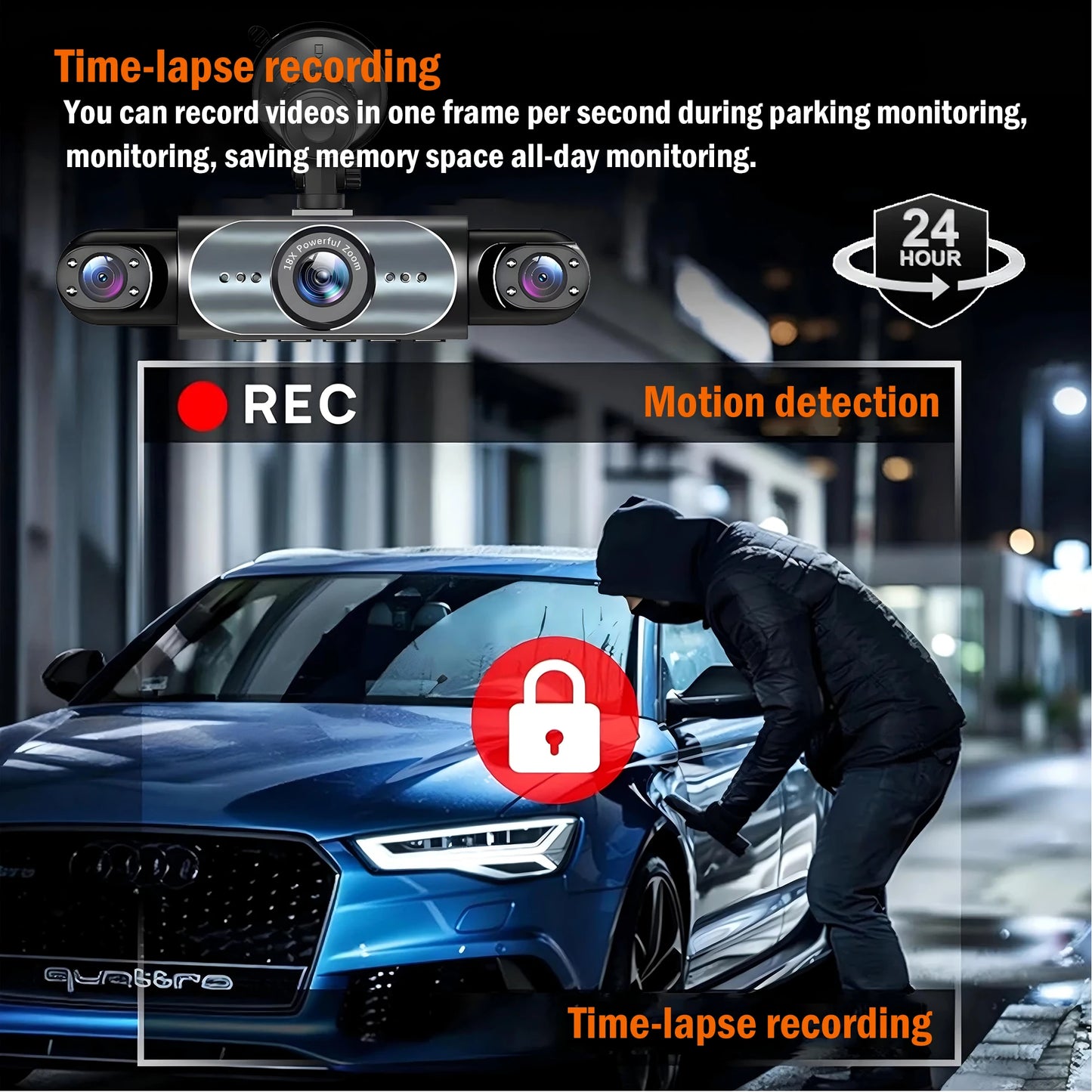 4-Channel 360° Dash Cam — Night Vision & 24/7 Parking Monitor