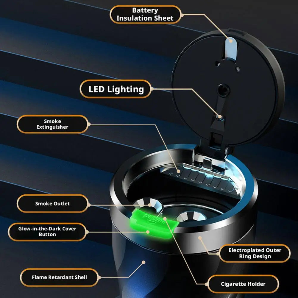 Portable Car Ashtray with LED Light Metal Liner Auto Ash Tray Large Capacity One-Click Open Interior Accessories
