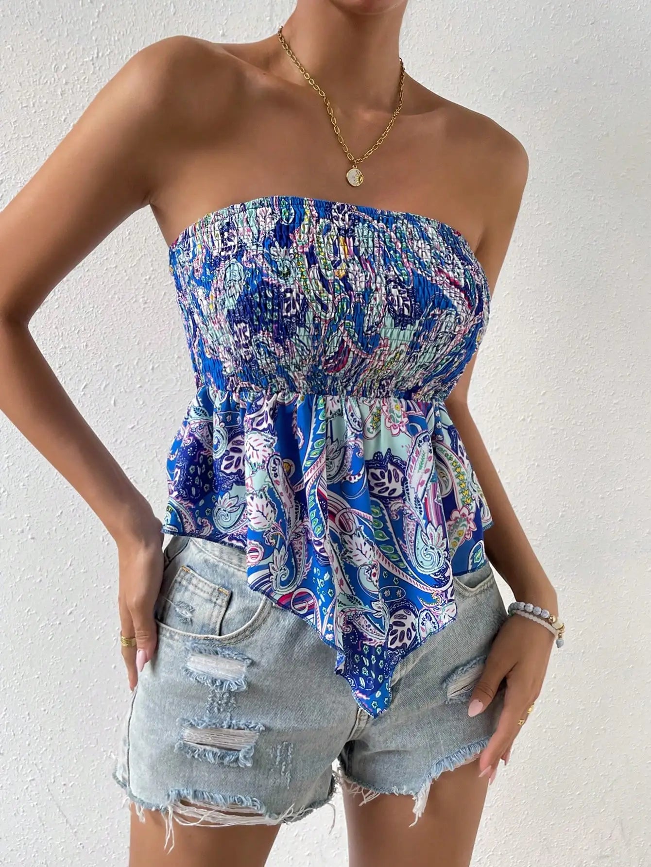 Cross border hot selling for European American women full width printed irregular hem sexy strapless collection summer top