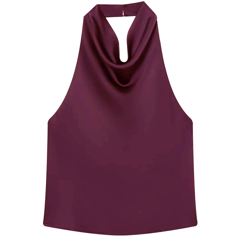 Women's Satin Halter Crop Top — Off-Shoulder Backless Sleeveless Cami
