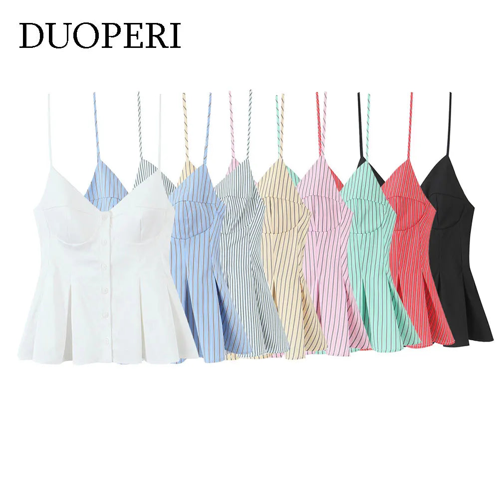 DUOPERI Women 2026 New Fashion Poplin Striped Backless Camisole Thin Straps V-Neck Female Chic Lady Casual Mujer Tops