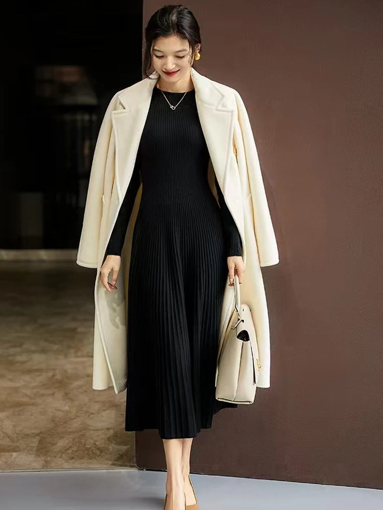 Women Sweater 100% Merino Wool Dress A-Line Pleated Skirts Spring Autumn Pullover Cashmere Thin Slim Flare Dress O-neck Knitwear