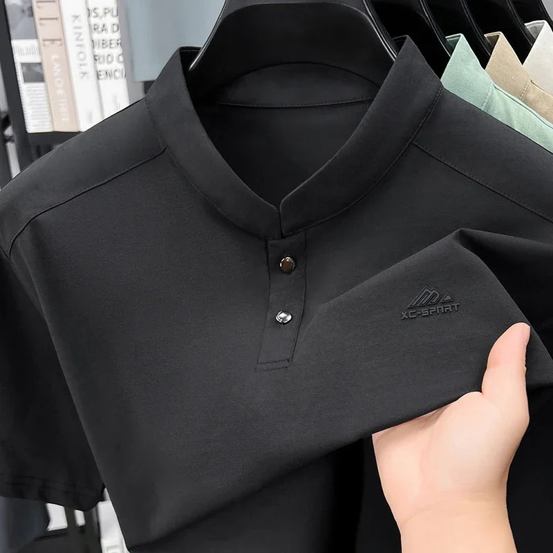Men's Sport Mandarin Collar Polo - Breathable Mesh, Button Placket