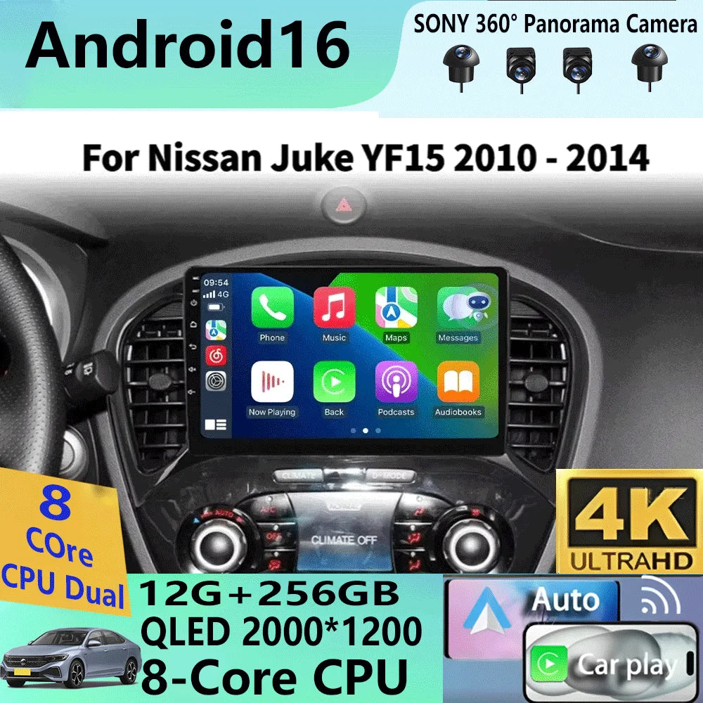 Android 16 Video Player Carplay Auto For Nissan Juke YF15 2010 - 2014 Multimedia Car Radio WIFi+4G DSP 2 DIN Touch Screen
