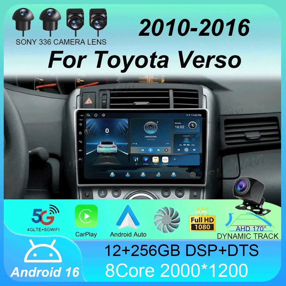 Android Car Stereo for Toyota Verso R20 (2010–2016) — CarPlay, Android Auto, GPS, 4G, RDS, DSP, IPS