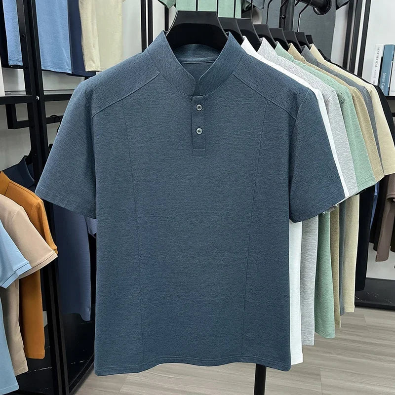 Men's Mandarin Henley Tee - Hollow-Grain Shoulder, Cool Lightweight