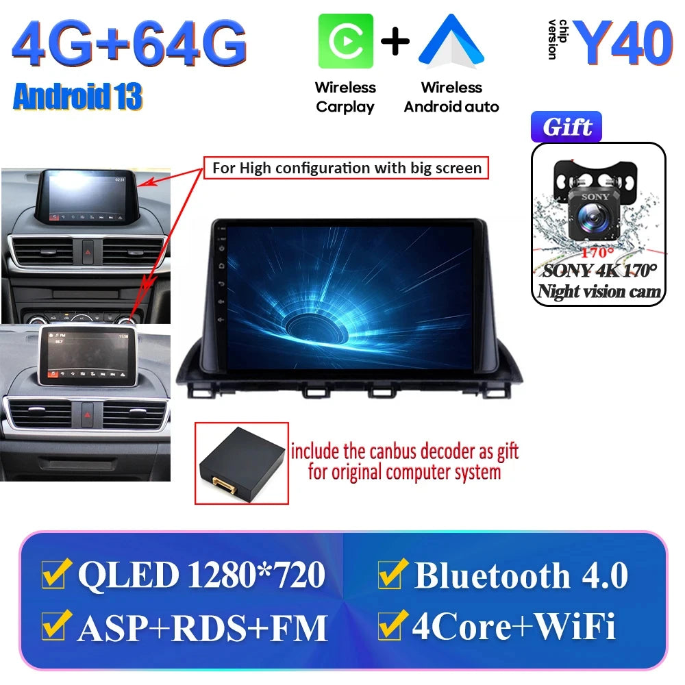 Car Multimedia Android For Mazda 3 Axela 2014-2017 2018 2019 Head Unit Player Navigation GPS Atuo Carplay WIFI 5G No 2din DVD BT