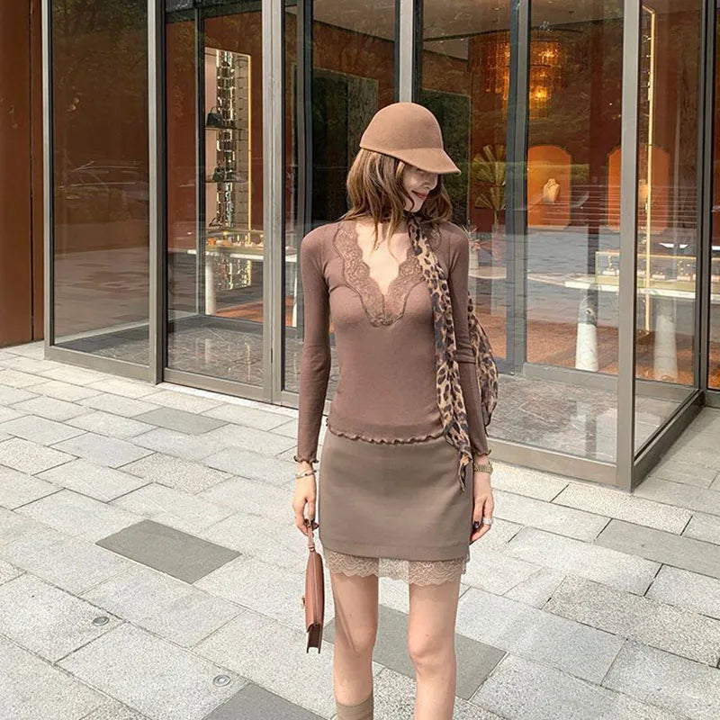 Sexy Low-Cut Lace Trim V-Neck T Shirts Women Spring New Skinny Elasticity Thin Ribbed Tees Korean Fashion Y2K Long Sleeve Tops