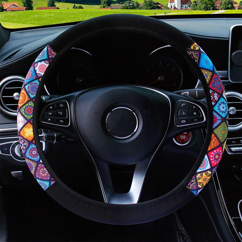 38cm Elastic Car Steering Wheel Cover Ethnic Style Print Anti-slip Car Styling Car Steering-wheel Cover Interior Accessories