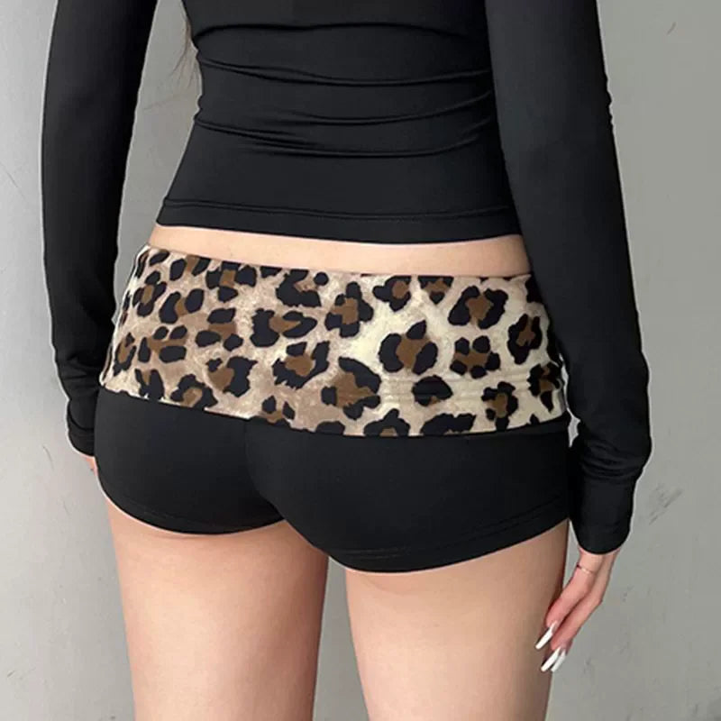 Women's Leopard Patchwork Booty Shorts — Low-Rise Slim Fit