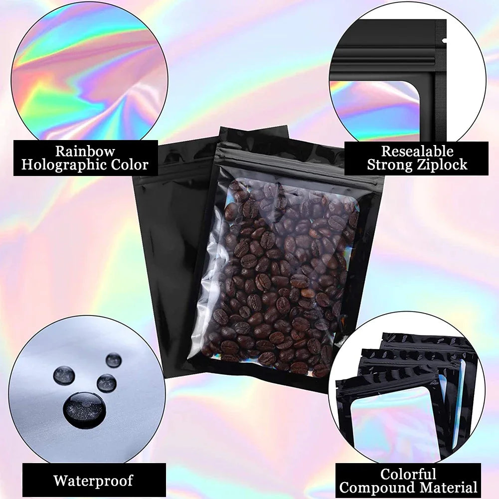 100Pcs Holographic Ziplock Bags Plastic Laser Iridescent Zip Bags for Manicure Eyelash Display Earrings Ring Jewelry Storage Bag