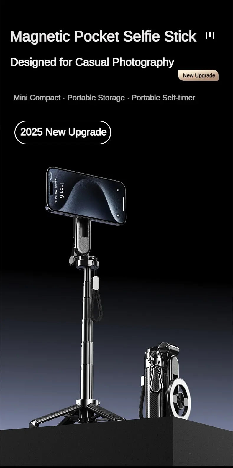 Magnetic Phone Holder 360° Rotation Pocket Selfie Stick With Bluetooth Remote Adjustable Desktop Stand for Live Streaming Vlog