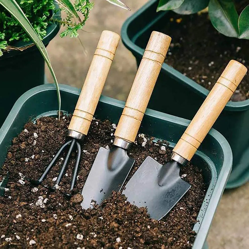 3-piece mini garden tool set with shovel, trowel and rake