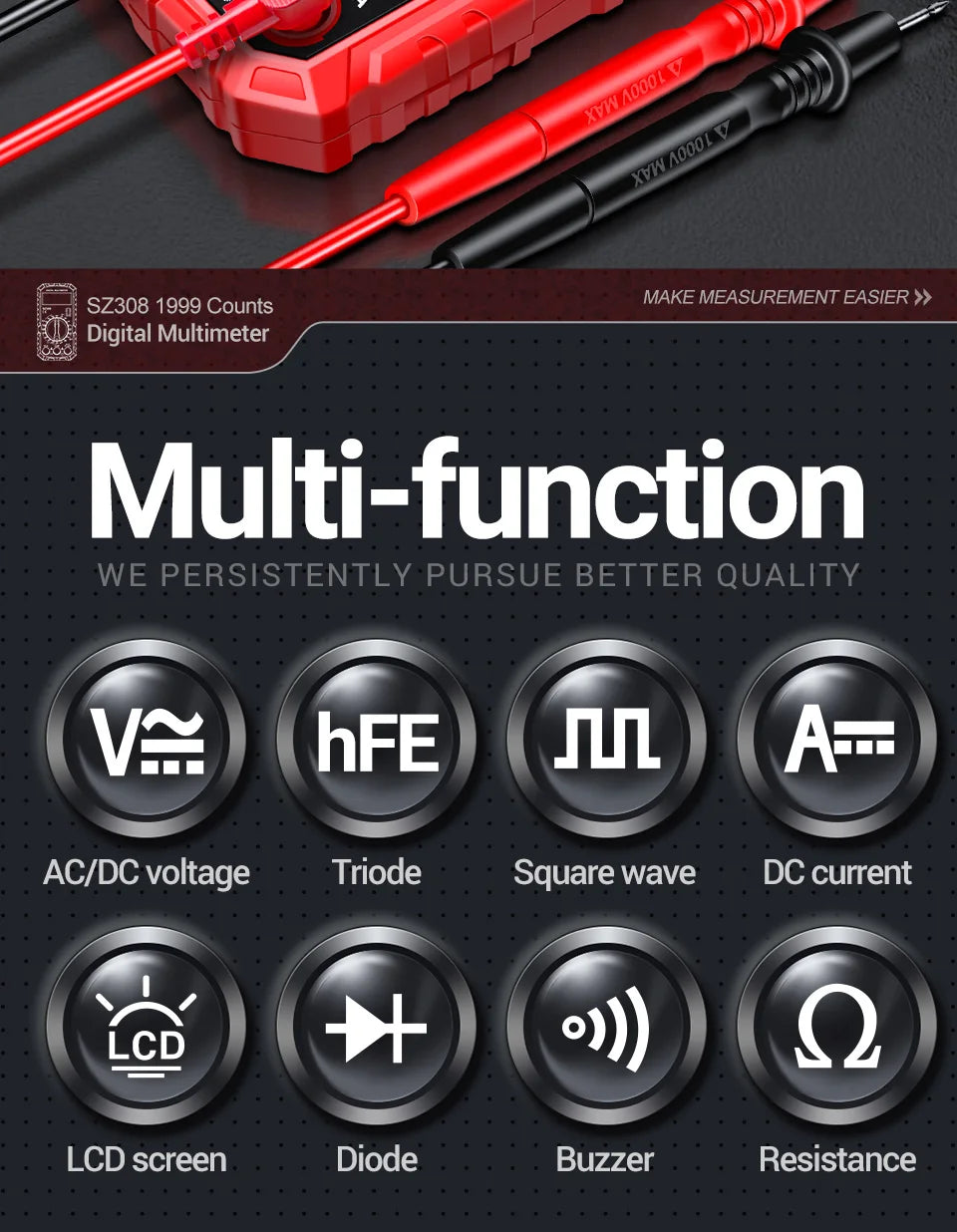 Digital MultimeterAC/DC Current Voltage Resistance Meter Meter Electrician LCD Backlight Ohm Square Wave Test tools ANENG SZ308