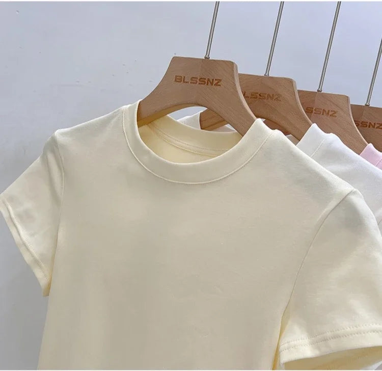 Zjaiss 2026 O-Neck Fashion T-Shirt Summer Sexy Basic Top Solid Short Sleeve Womens Tshirt Casual Korean Tee Streetwear