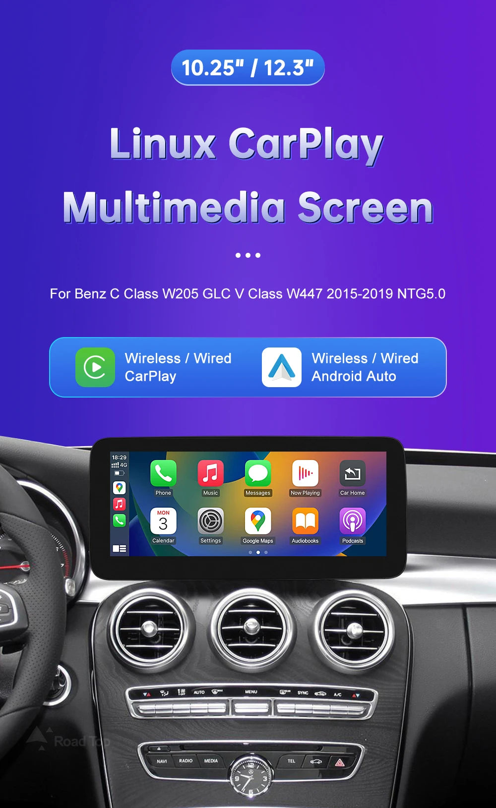 Wireless Carplay Linux Screen for Mercedes Benz W205 GLC A C V Class W447 CLA GLA 2026-2026 GPS With Android Auto Car Multimedia
