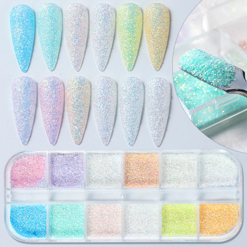 12 Grids Glowing in The Dark Glitter Shiny Holographic Sugar Nail Powder Luminous Effect Nail Art Chrome Pigment Flakes Dust