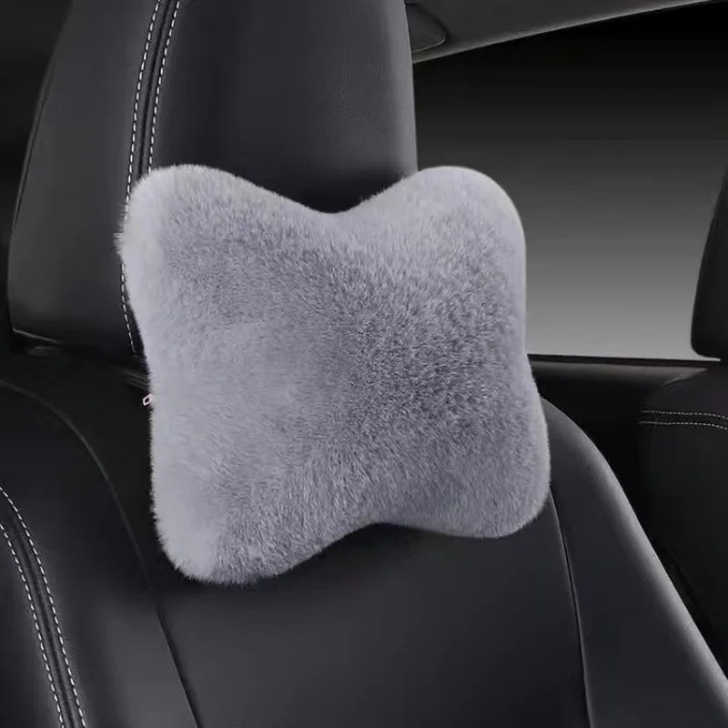 1pc Car Headrest Lumbar Pillow - Soft Imitation Rabbit Plush Comfort Cushion for All Seasons, Ergonomic Driver Support Headrest