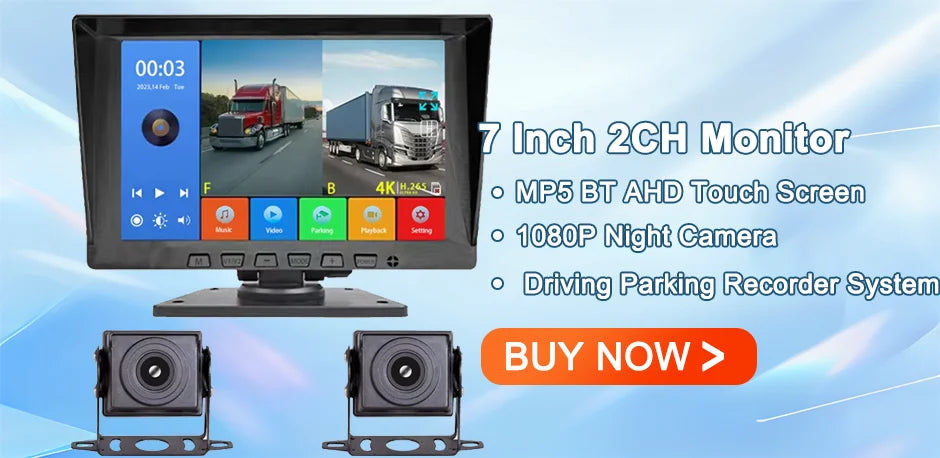 7 inch Truck DVR System BSD Sound and Light Alarm 2CH 1080P Night Camera Touch Screen MP5 BT AHD Monitor 24H Parking Recorder