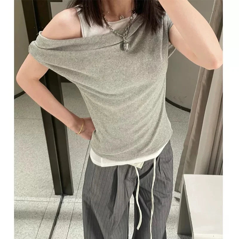 ETJ 2026 new  women's fashion color-blocking and patchwork fake two-piece sexy off-the-shoulder short-sleeved T-shirt top