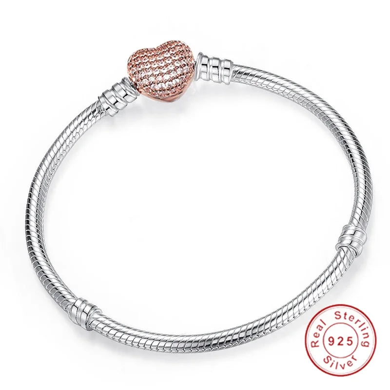 925 Sterling Silver Zircon Charm Bracelet – Snake Chain Bangle for Women | 5 Styles, 16–23cm