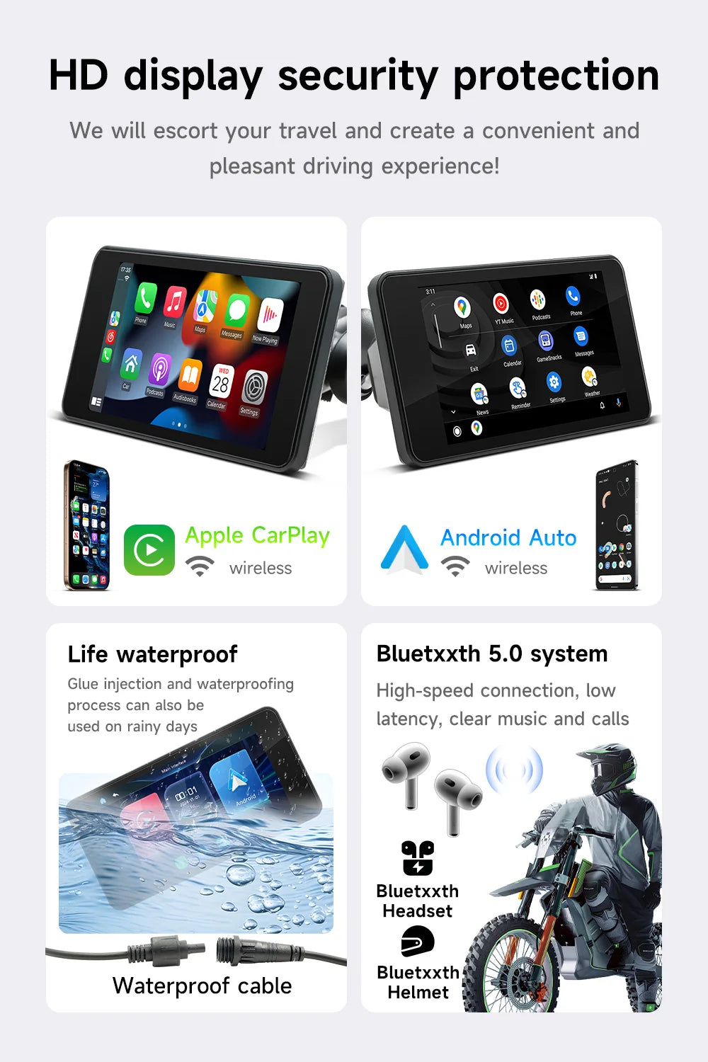 4.7" Portable Motorcycle Navigator with Wireless CarPlay & Android Auto