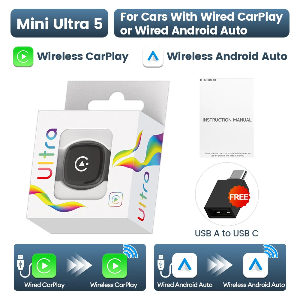 CarlinKit 5.0 Mini Ultra 4 Wireless CarPlay Android Auto  Wireless Adapter Plug &Play WiFi Bluetooth Auto Connection OTA Upgrade