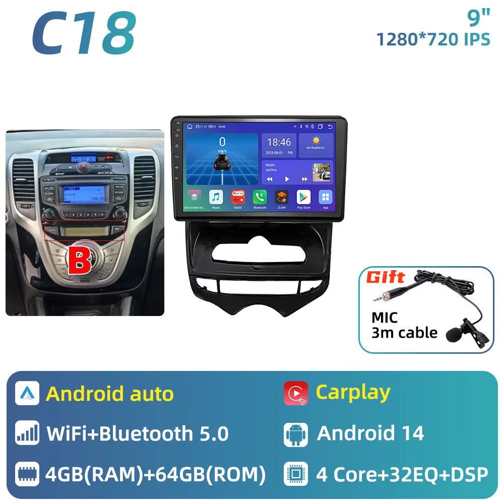 Car Stereo with Apple CarPlay & Android Auto, Compatible with Hyundai ix20 (2010-2023)