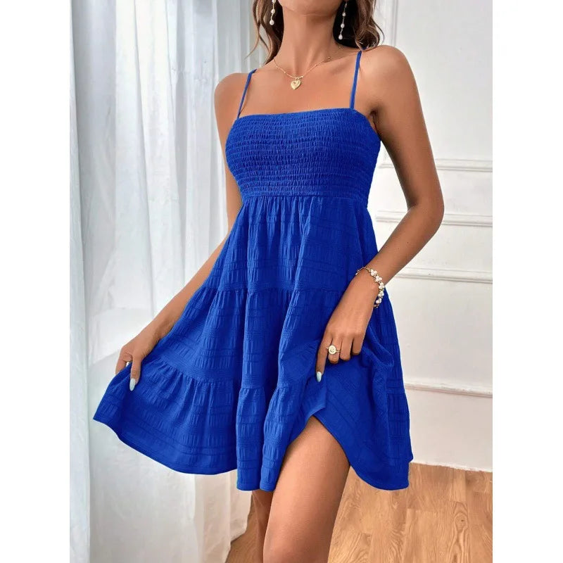 Women's Smocked Tiered Mini Dress — Spaghetti-Strap Ruffle Swing Beach Dress
