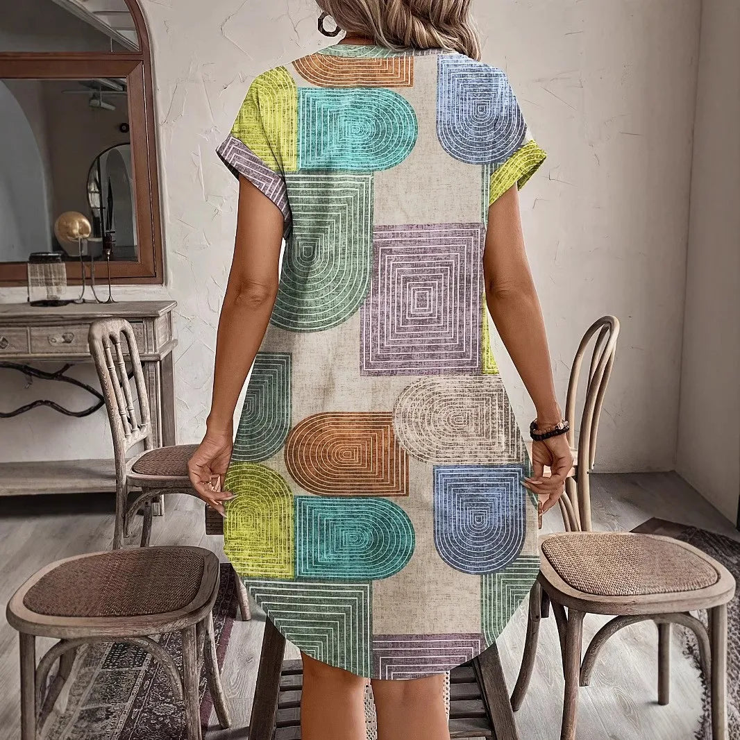 2026 European and American women's clothing foreign trade Amazon summer geometric printing elegant V-neck button up dress
