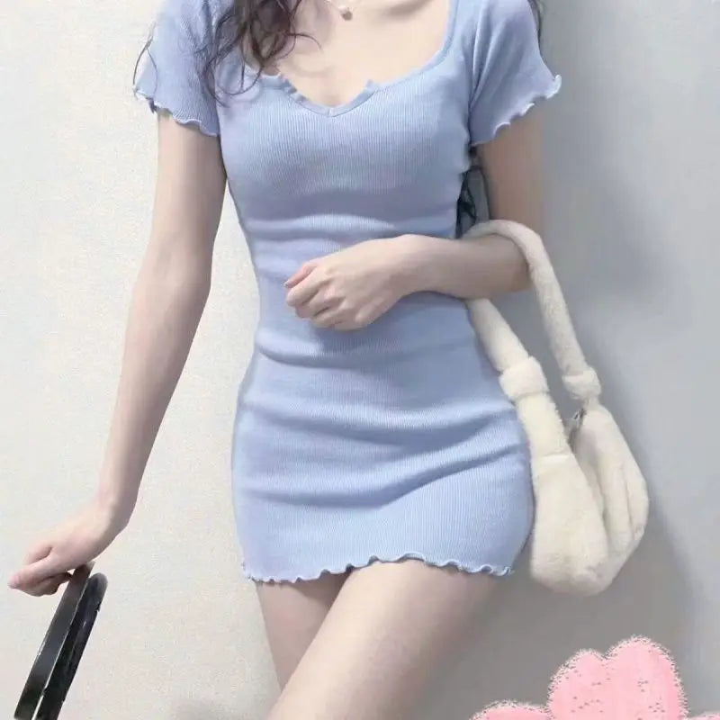 Women's Korean Slim-Fit V-Neck Mini Dress – Spice Girl Style Hip-Hugging Sheath Dress | S–XXL (White, Black, Blue)