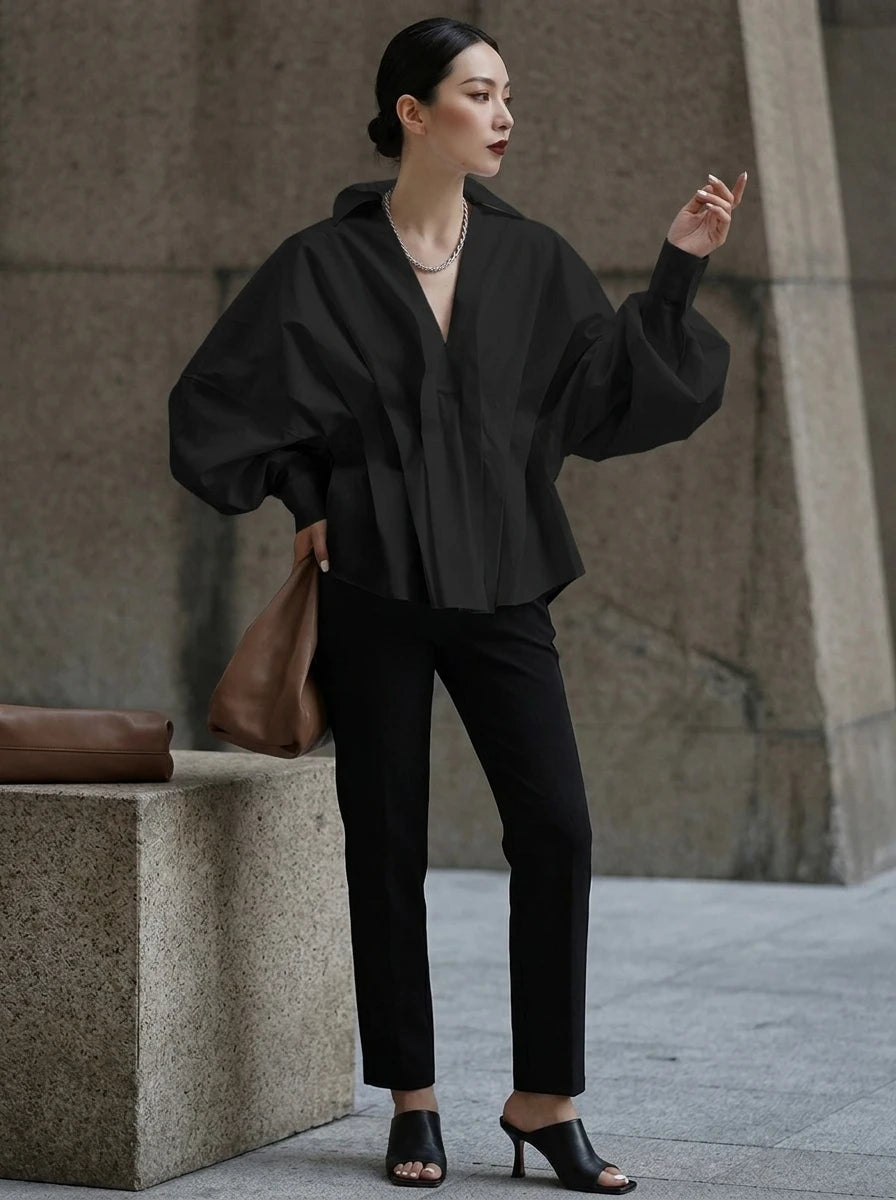 Missuoo Women's Solid Black Oversized V Neck Cotton Blouse 2026 Casual Batwing Sleeve Gathered Waist Buttonless Shirt Top