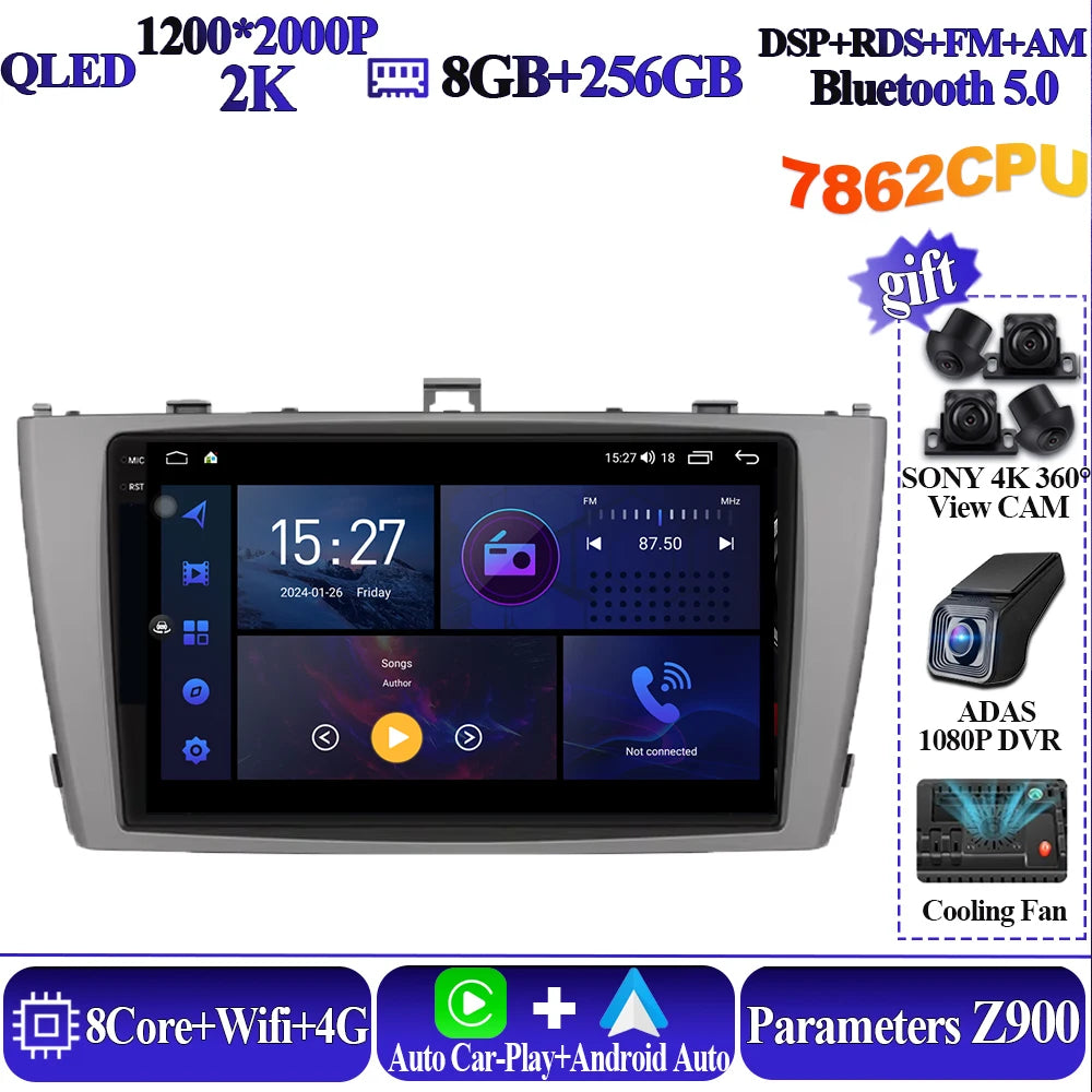 Android 16 8 core Carplay For Toyota Avensis T27 2009-2015 Car Multimedia Player 5G Wifi High-performance 7862 CPU Touch Display