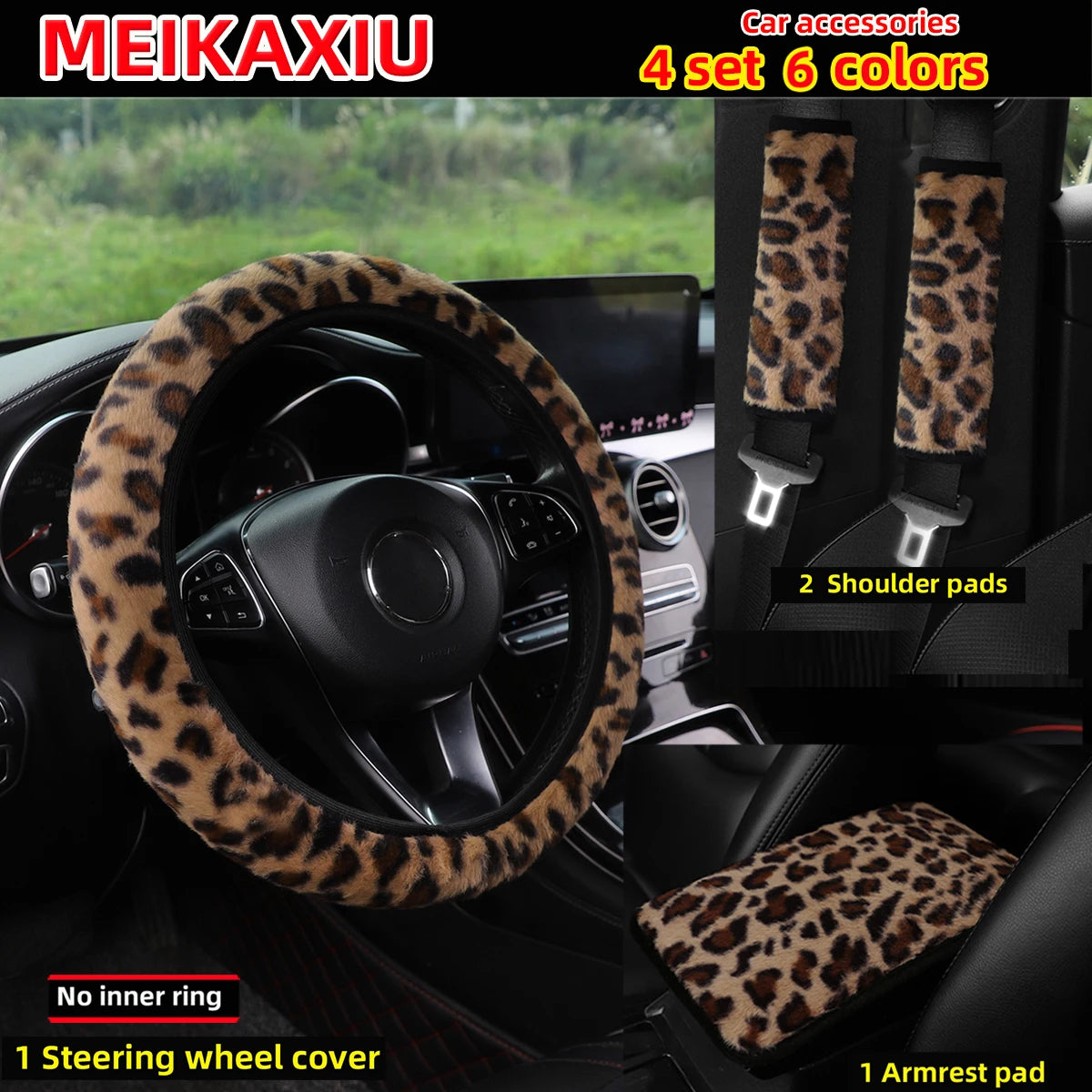 4-Piece Winter Plush Steering Wheel Cover Leopard Print Comfortable Car Rimless Shoulder Cover Armrest Pad Set