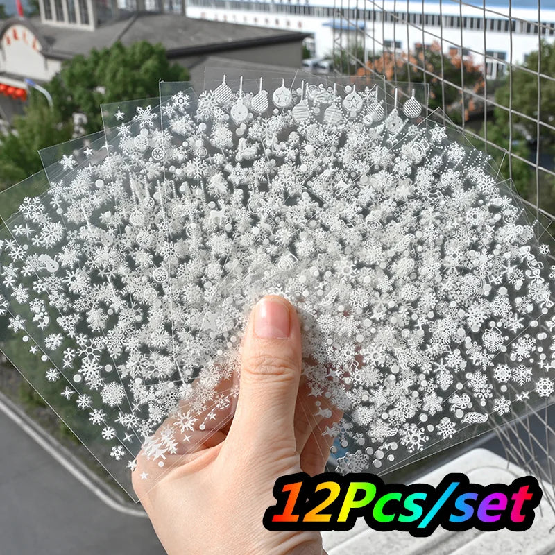 12Pcs/set Laser Silver Snowflake Nail Stickers Set  3D Winter Elk Snowflake Nail Art Decoration DIY Holographic Snowflake Slider