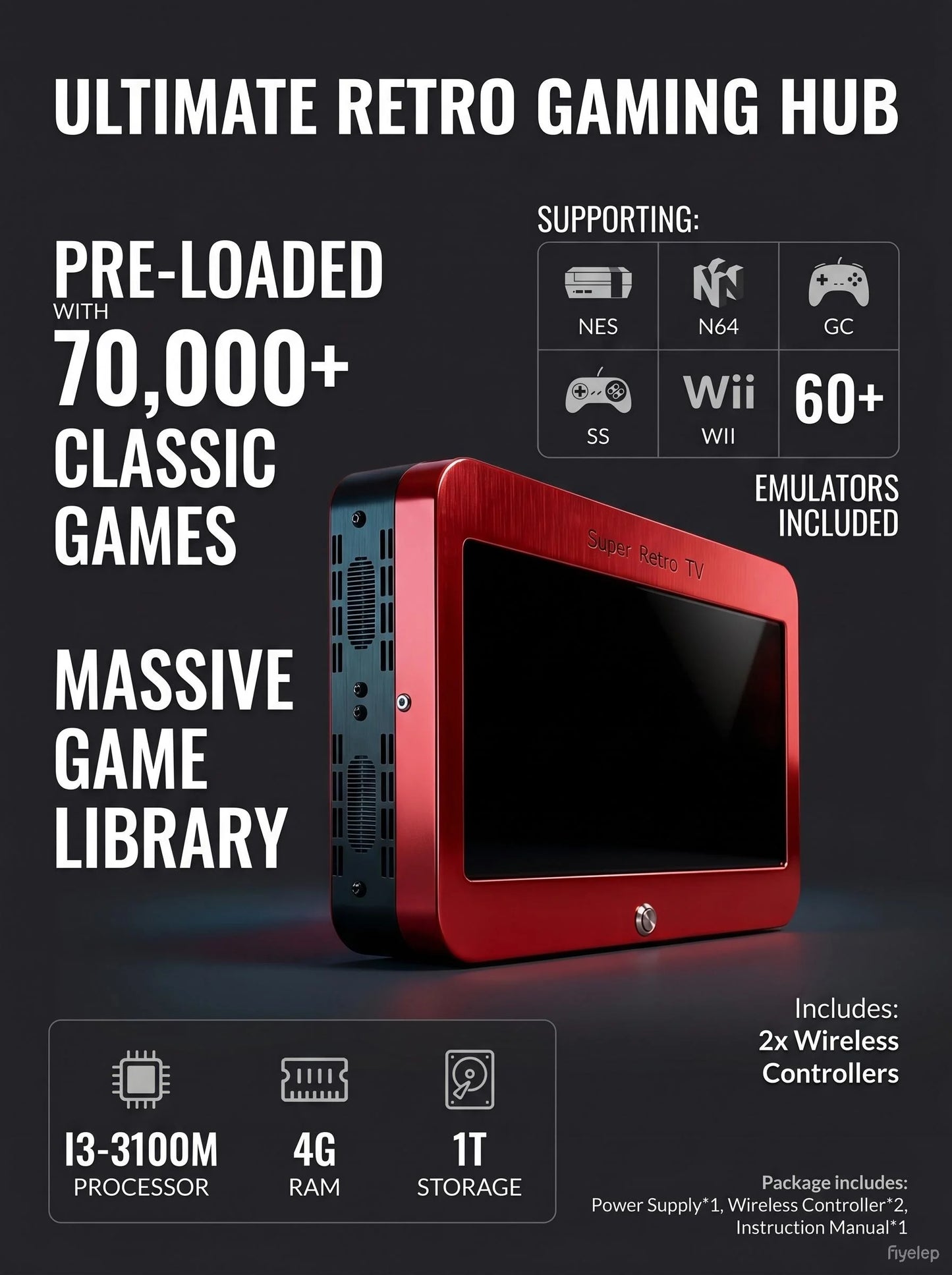 T1 Portable Game Console — 10-inch HD Screen, 60+ Emulators, 2 to 4 Players, Wireless Controller