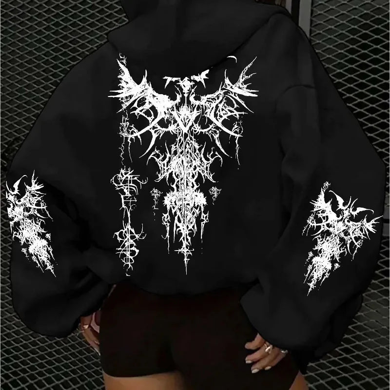 Gothic Cartoon Print Hoodie, Unisex Pullover