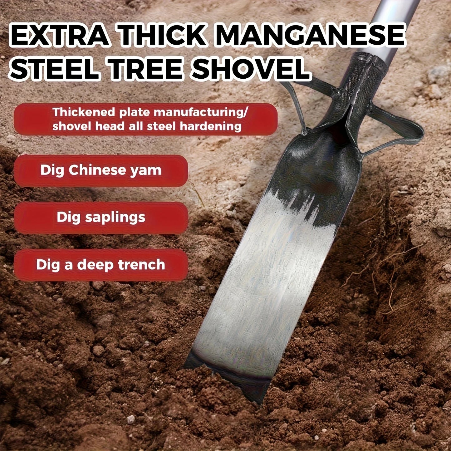 Heavy-Duty Manganese Steel Garden Spade - Reinforced Blade, Hardened Edge, Solid Wood Handle. No Electricity Needed.