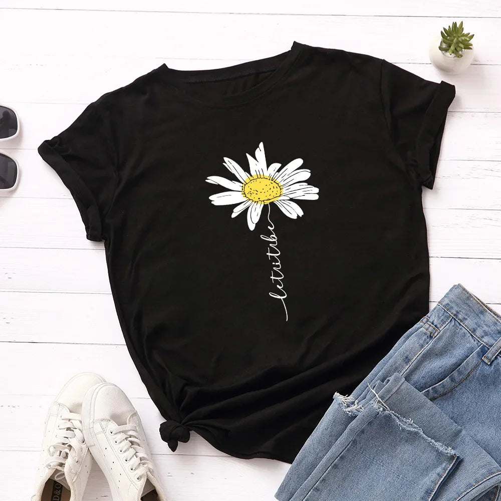 100% Cotton Women T-Shirt 2026 Summer Tshirt Creative Daisies Printed Woman Short Sleeve Tee Tops Female T Shirt
