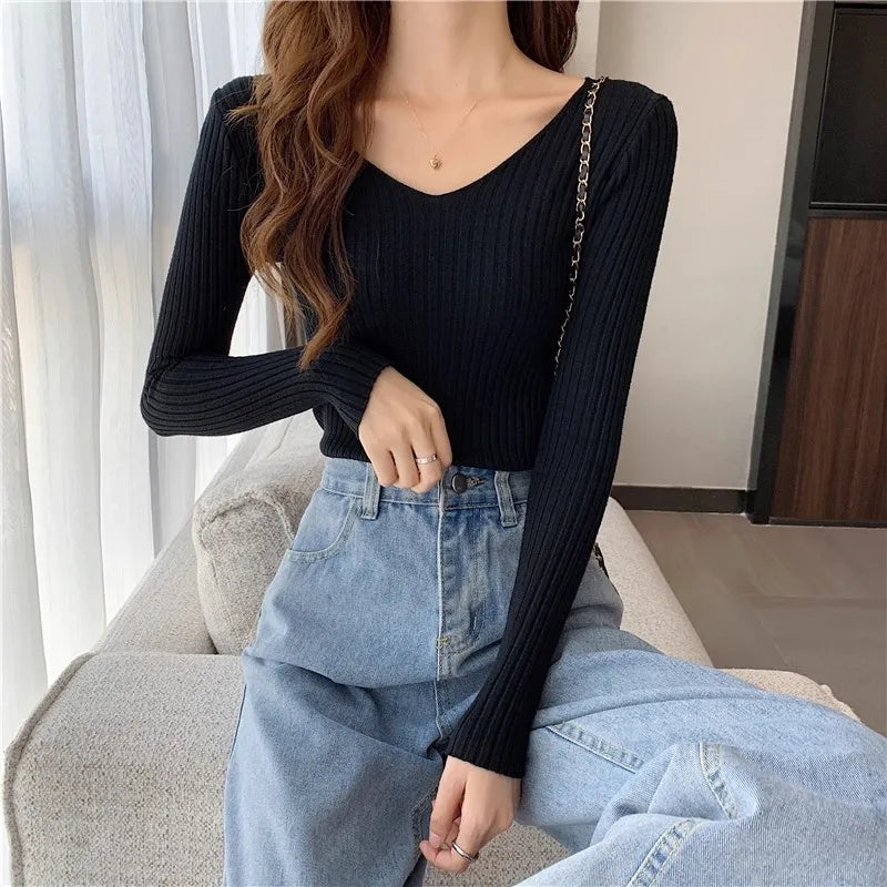 Women's V-Neck Knit Sweater — Slim Korean Pullover