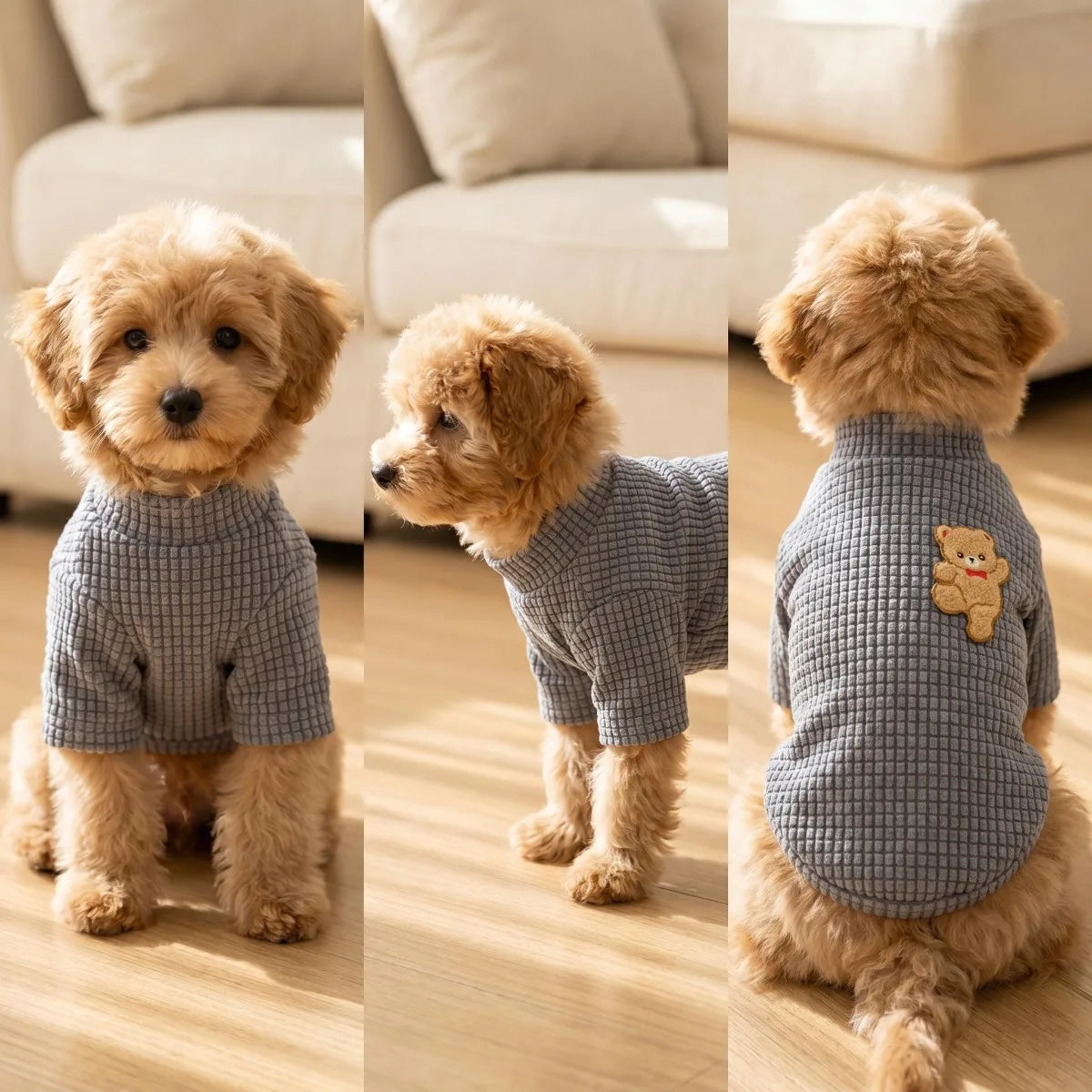 Gray Waffle Knit Cat Sweater - 3D Bear Embroidery Pet Pullover - photo 5