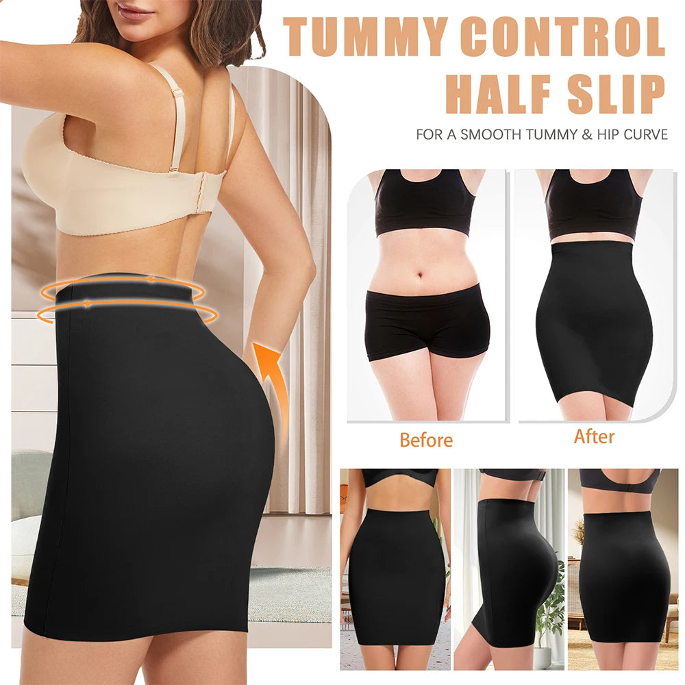 Women Above Knee Underskirt Half Slips for Dress Shapewear Body Shaper Seamless Smooth Tummy Control Underwear Short Skirt
