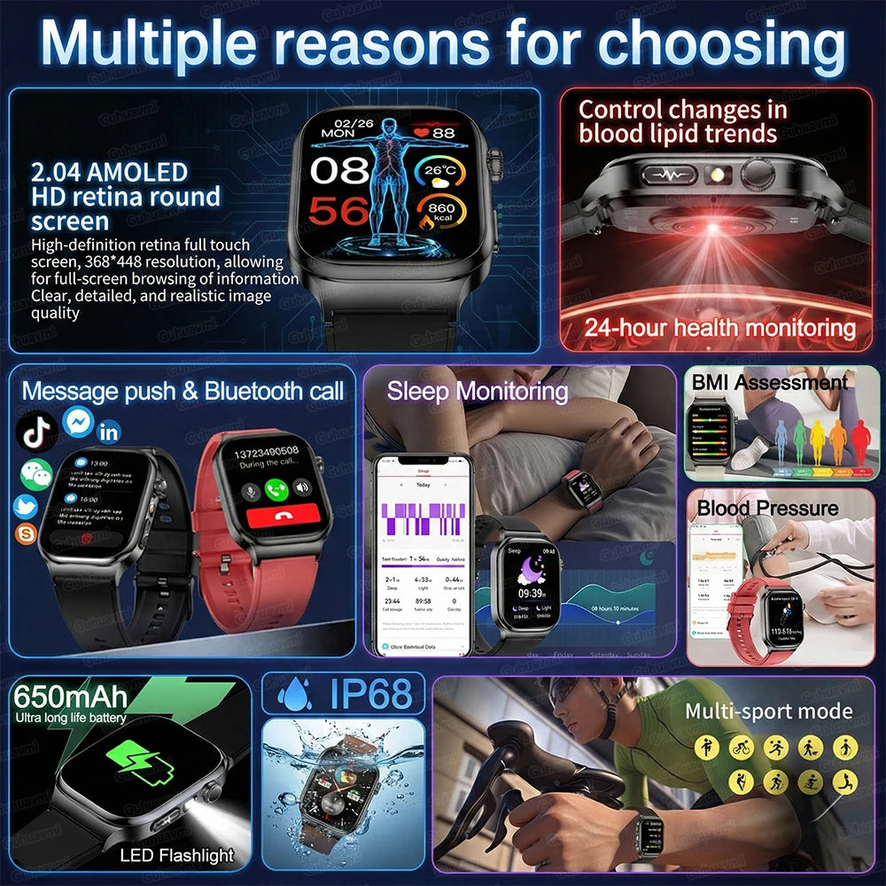 2026 Five-Organ Health Smart Watch – Body Fat, Uric Acid, ECG, Blood Pressure & Bluetooth Call | Men & Women
