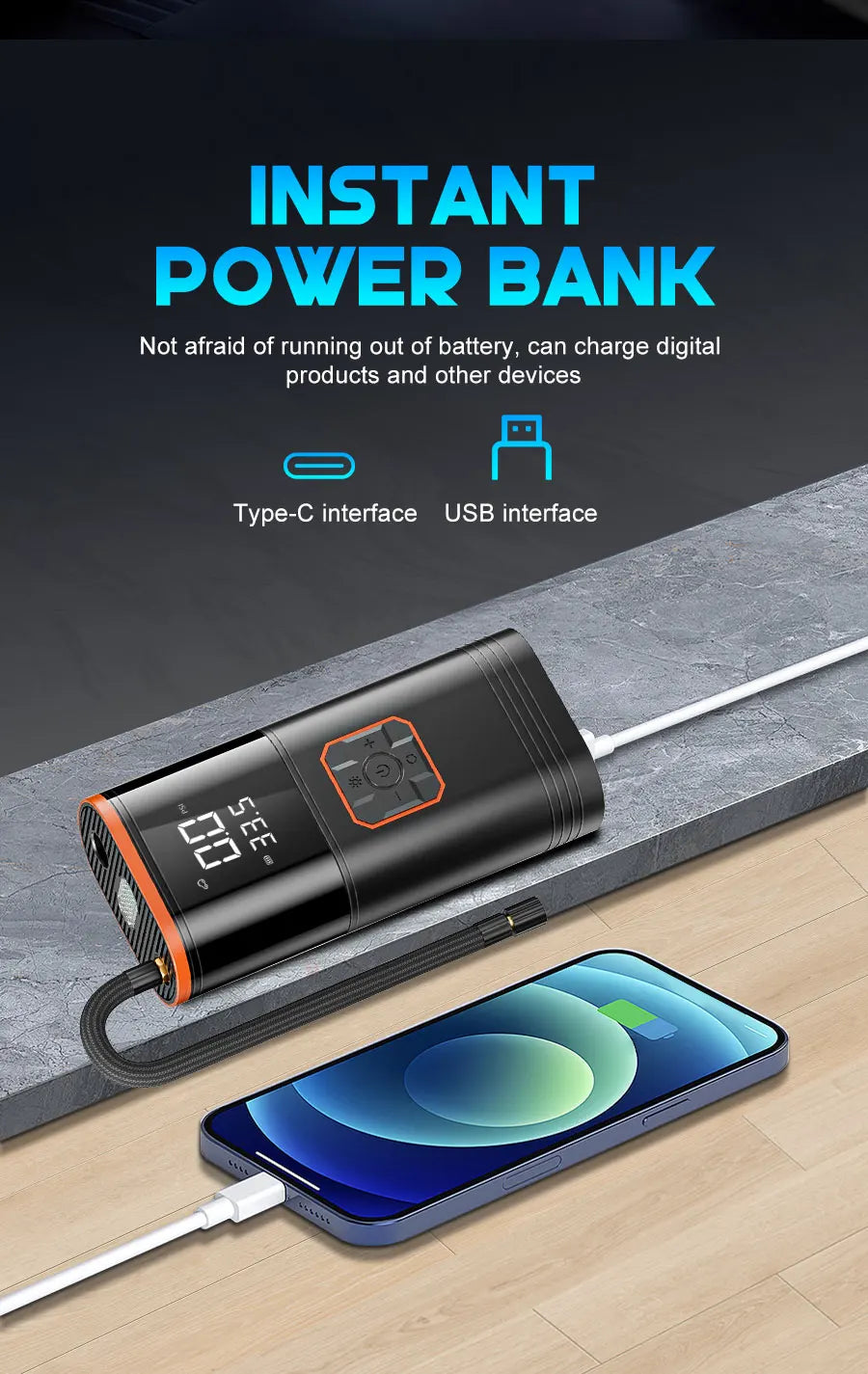 BELIBUY Portable Air Compressor 150 PSI Car Tyre Inflator Dual-Cylinder Design for All Vehicles Outdoor Tyre Emergency Use