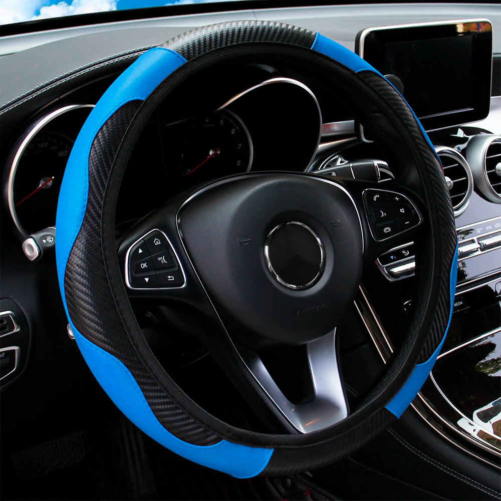 Carbon Fiber PU Leather Steering Wheel Cover – Universal Fit 14.5–15 Inch | Anti-Slip Car Interior Accessory