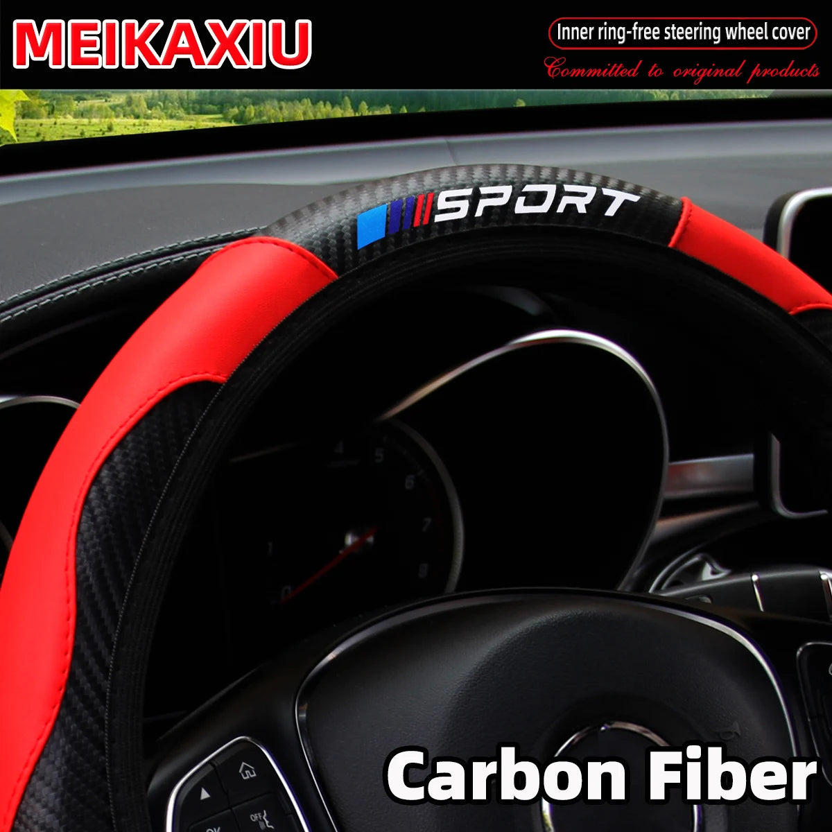 Carbon fiber leather SPORT car steering wheel cover without inner ring, car decoration, suitable for both men and women