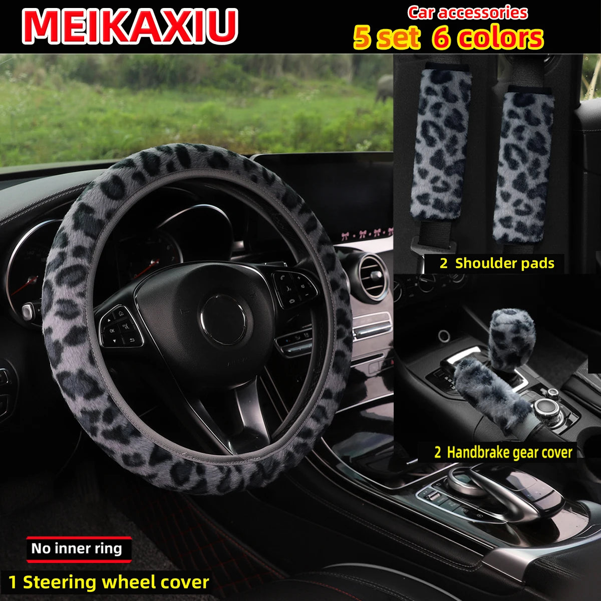 5 set fur leopard print car without inner ring steering wheel cover shoulder cover gear shift cover car decoration for women