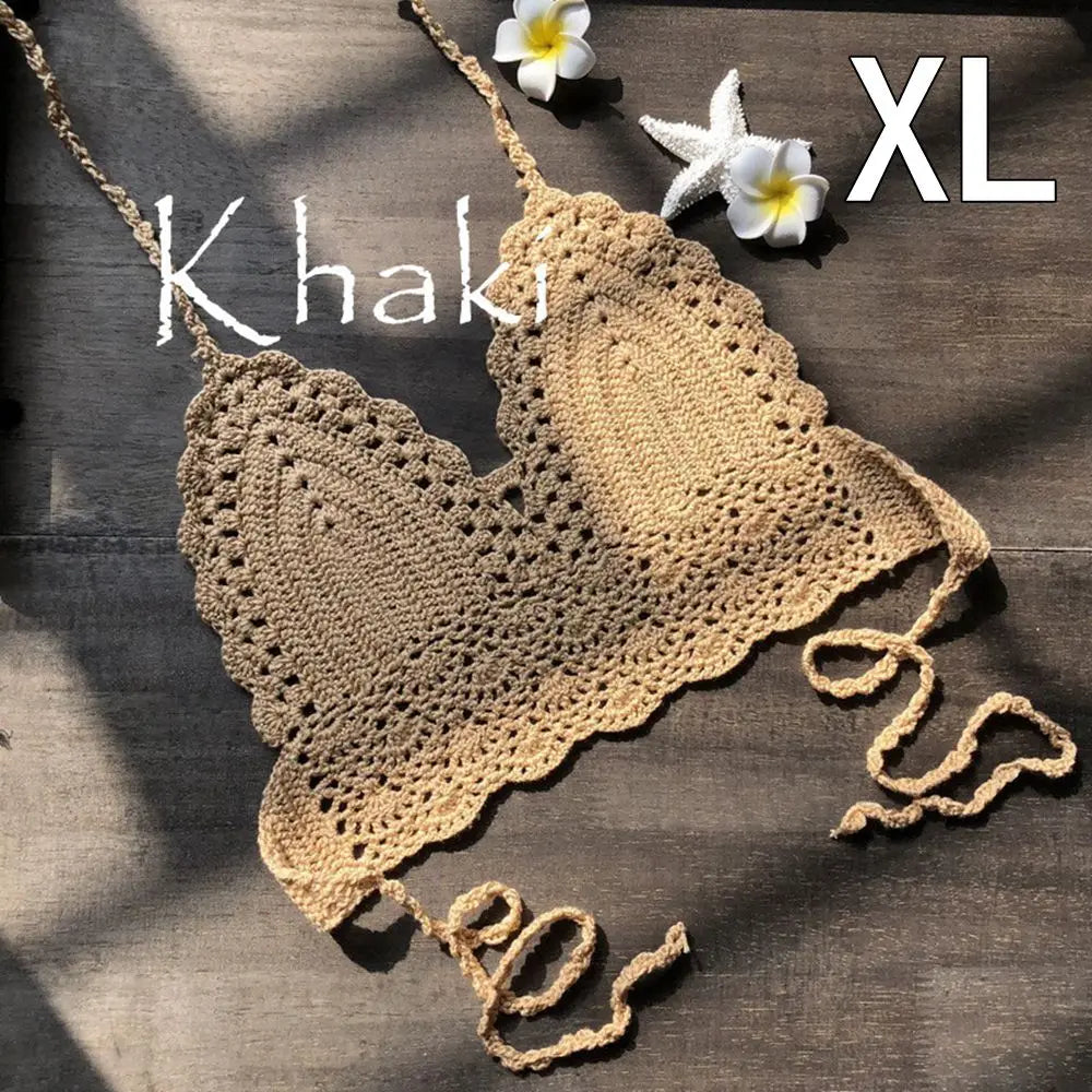 Sexy Beachwear Halter Neck Vest Crochet Crop Top Knit Bralette Bra Boho Beach Camisoles Bikini Tank Backless Tops