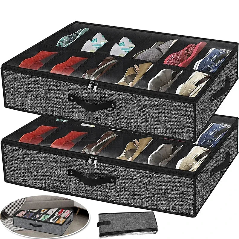 Under Bed Shoe Storage Organizer Fits 12 Pair Sneakers, Sturdy Structure Ultra Thick Fabic Sneaker Storage, Foldable Shoe Boxes
